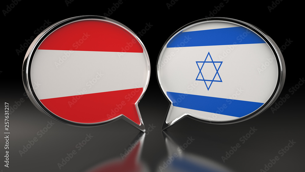 Austria and Israel flags with Speech Bubbles. 3D Illustration