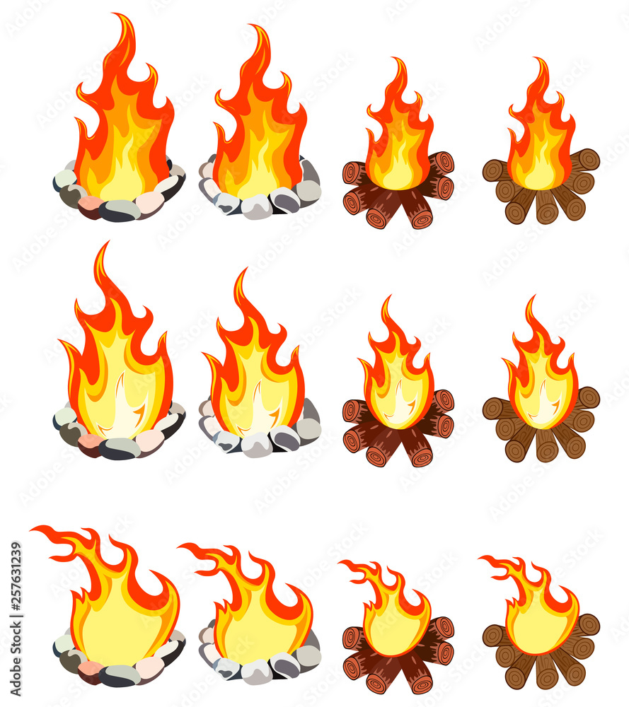 A set of twelve images of fire of different shapes. A set of twelve images of fire of different shapes.
