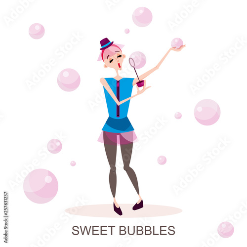 Character with air bubbles. Young slim beautiful girl with red hairs and lips in leggings and waistcoat inflates pink soap bubbles. Vector illustration in cartoon style.