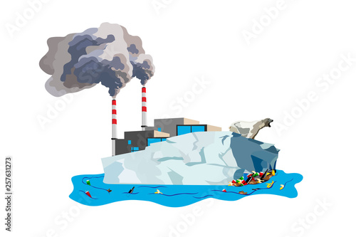 Polar bear on an iceberg. All the sea strewn with various debris. Factory, smoke from the chimney.