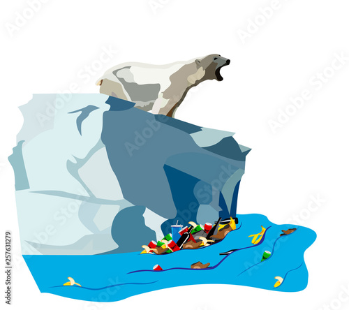 Polar bear on icebergs. All sea strewn with various debris.
