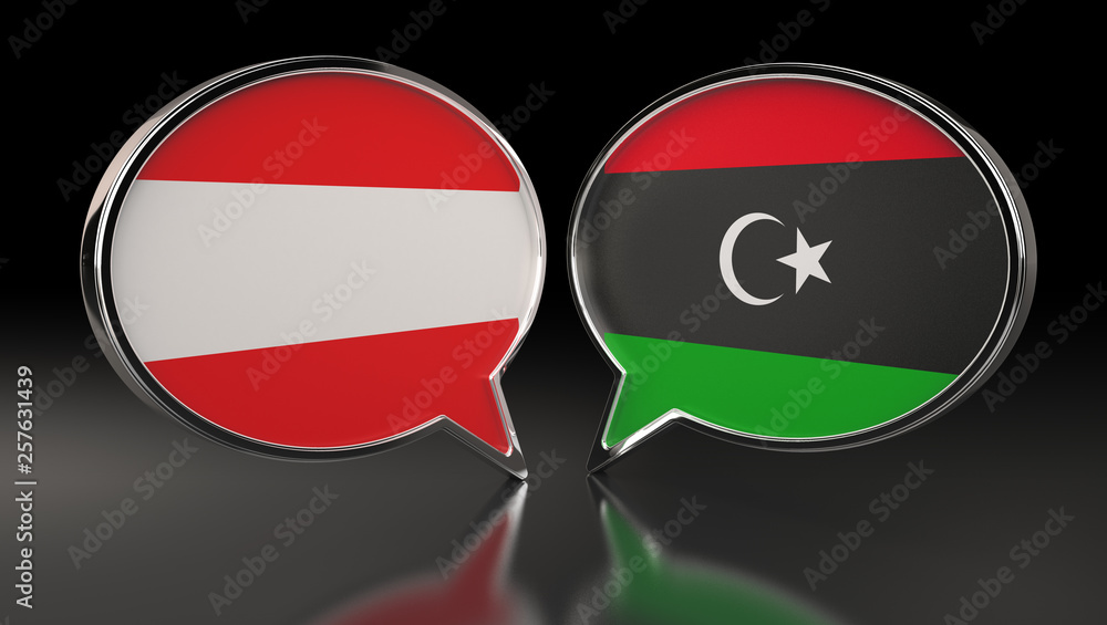Fototapeta premium Austria and Libya flags with Speech Bubbles. 3D Illustration