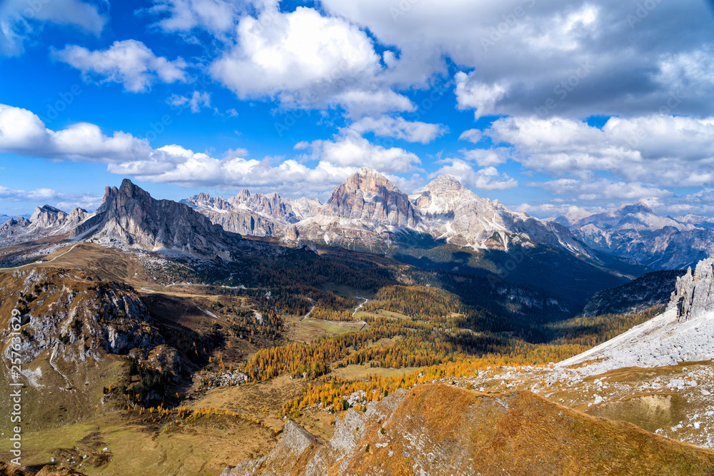 Scenic view of majestic Dolomites mountains in Italian Alps. Landscape shot at the Passo di Giau, in the the Italian Dolomites, during autumn time.