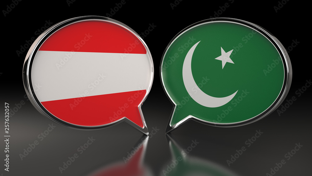 Fototapeta premium Austria and North Korea flags with Speech Bubbles. 3D Illustration