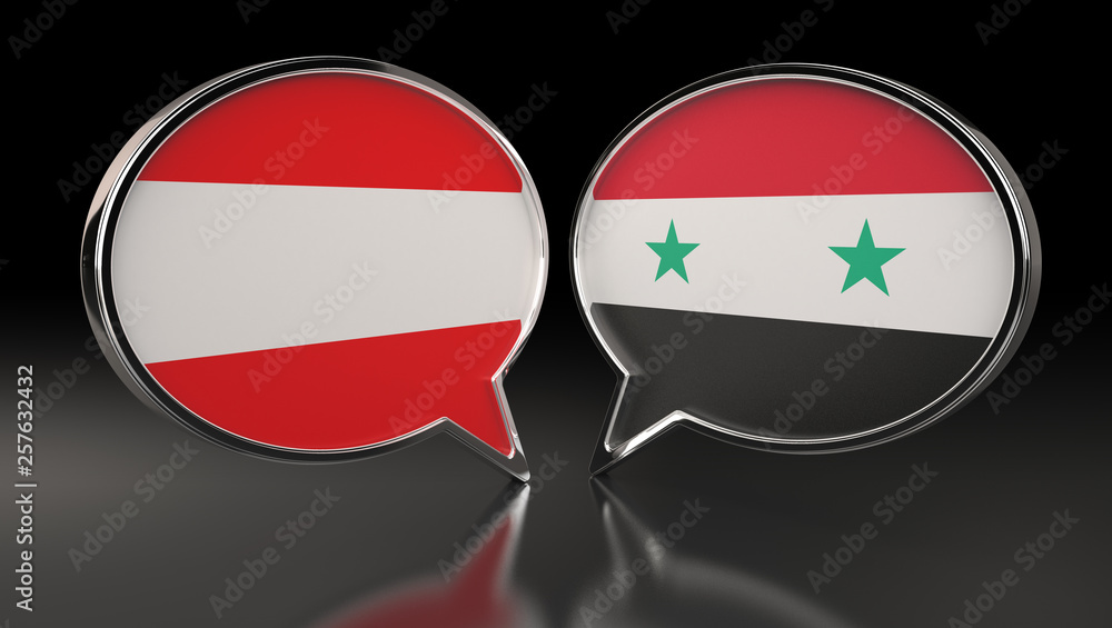 Fototapeta premium Austria and Syria flags with Speech Bubbles. 3D Illustration