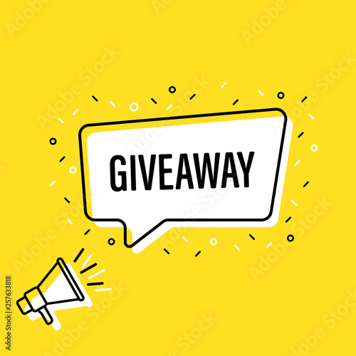 Male hand holding megaphone with giveaway speech bubble. Loudspeaker. Banner for business, marketing and advertising. Vector illustration.