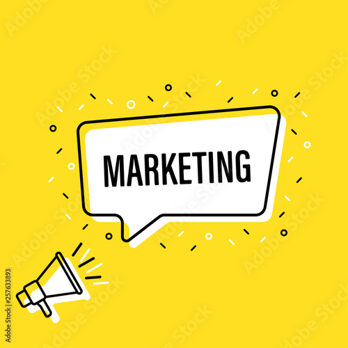 Male hand holding megaphone with marketing speech bubble. Loudspeaker. Banner for business, marketing and advertising. Vector illustration.