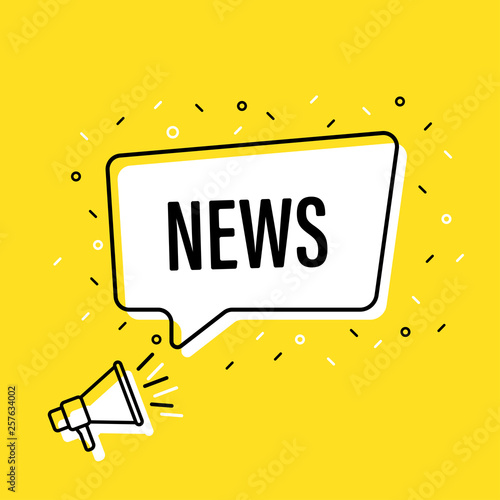Male hand holding megaphone with news speech bubble. Loudspeaker. Banner for business, marketing and advertising. Vector illustration.