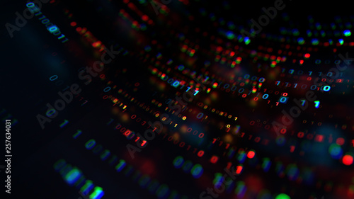 3d abstract render binary background. Zero and one code digits lines. Rendered with depth of field.