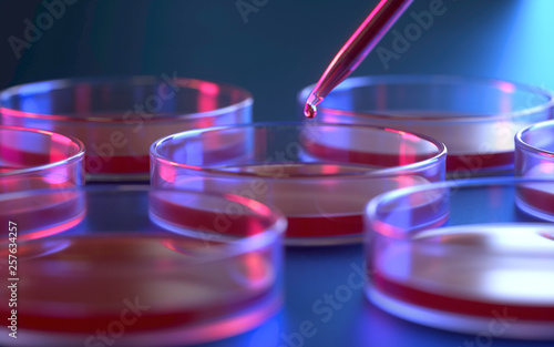 Petri dishes with samples for DNA sequencing, 3d rendering,conceptual image.