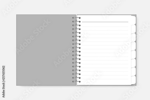 Open spiral notebook with tab dividers, vector mockup. Wire bound diary with gray cover and white dot lined sheets, template. Notepad first page