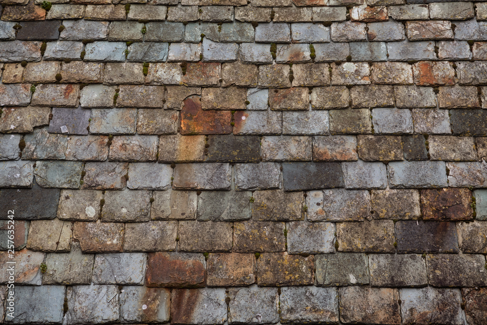 Old slate roof tiles on a building in the Welsh fishing port of Tenby in South Wales, UK Old slate roof tiles on a building in the Welsh fishing port of Tenby in South Wales, UK