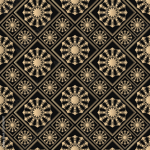 Islamic vector design. Seamless pattern oriental ornament. Black and golden textile print. Floral tiles.