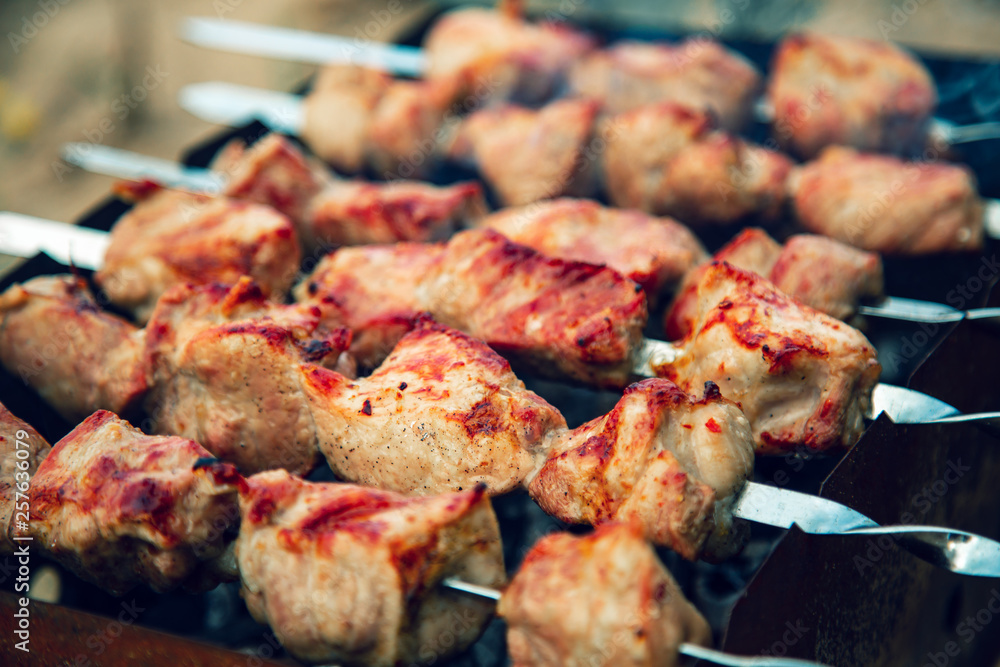 Meat skewers being grilled in a barbecue Meat skewers being grilled in a barbecue