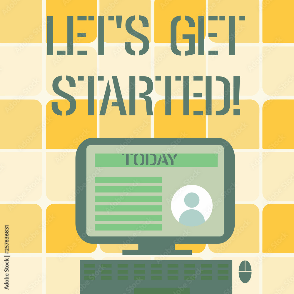 Obraz premium Conceptual hand writing showing Let S Get Started. Concept meaning encouraging someone to begin doing something Computer Mounted on Stand with Online Profile Data on Screen