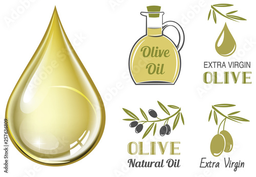 Vector realistic drop of olive oil and set of olive labels