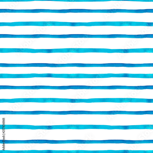 Trendy Blue and Turquoise watercolor striped pattern. Seamless bright hand painted background with stripes. Nautical marine style for design with summer vibes. Vacations aethetic