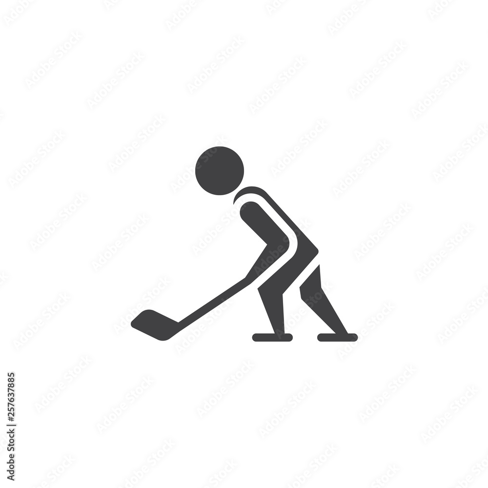 Obraz premium Hockey sport vector icon. filled flat sign for mobile concept and web design. Ice hockey player with hockey stick glyph icon. Winter sport symbol, logo illustration. Pixel perfect vector graphics