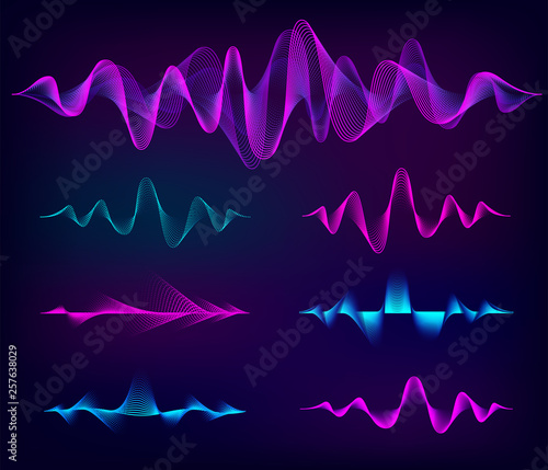 Wave sound vector set. Music soundwave design, color elements isolated on dark background. Radio frequency lines and dots