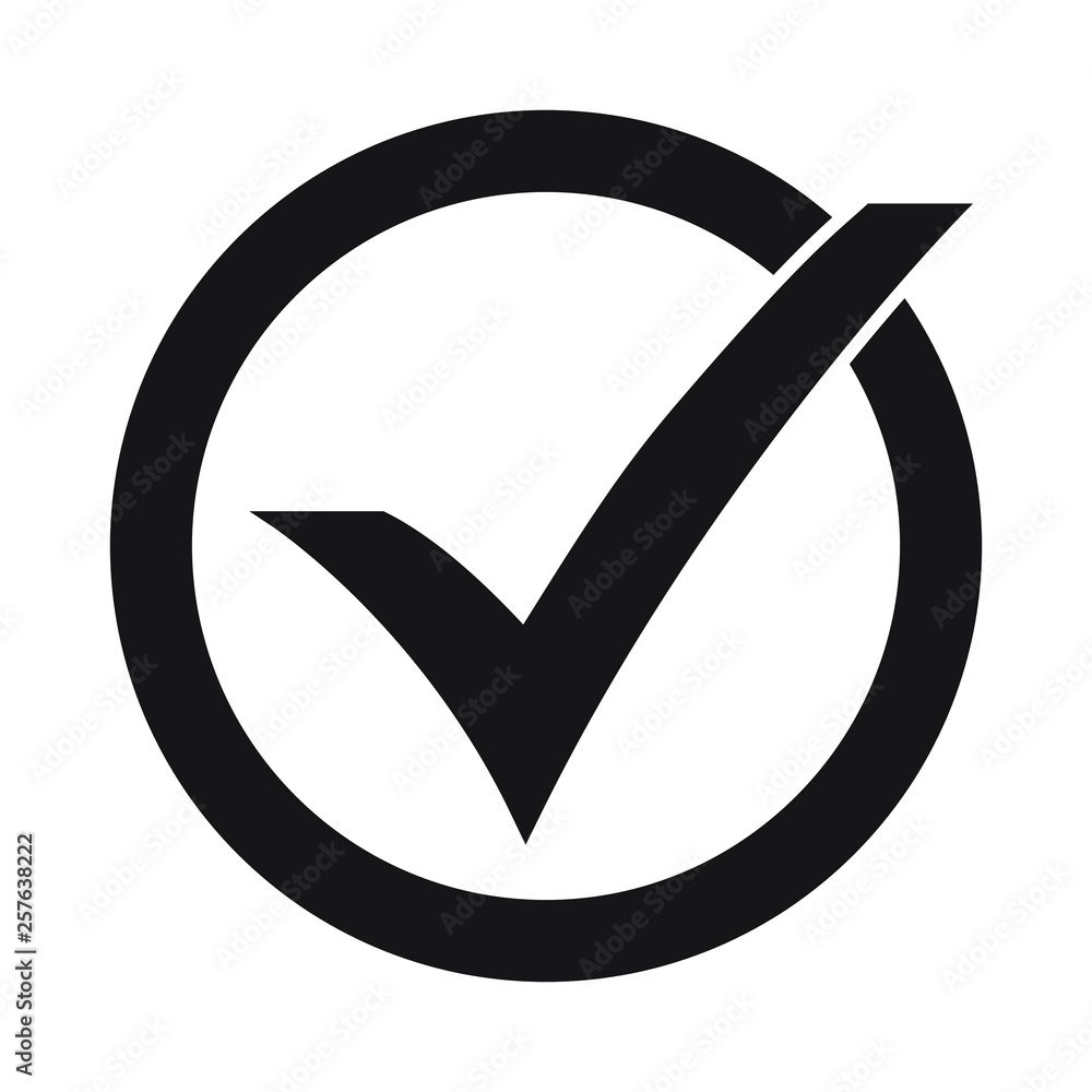 Tick icon vector symbol, green checkmark isolated on white background, check mark or checkbox pictogram, checked icon or correct choice sign.