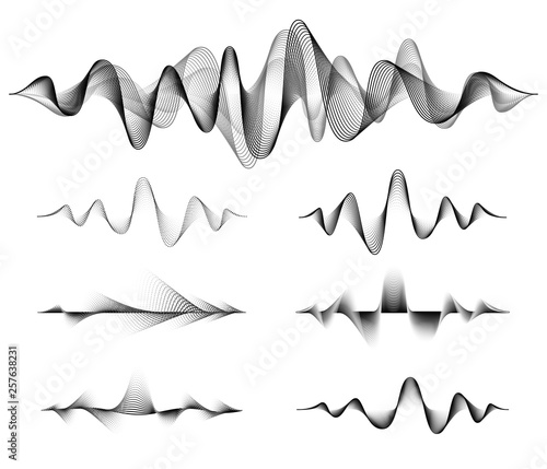 Wave sound vector set. Music soundwave design, black isolated on white background. Radio frequency lines and dots