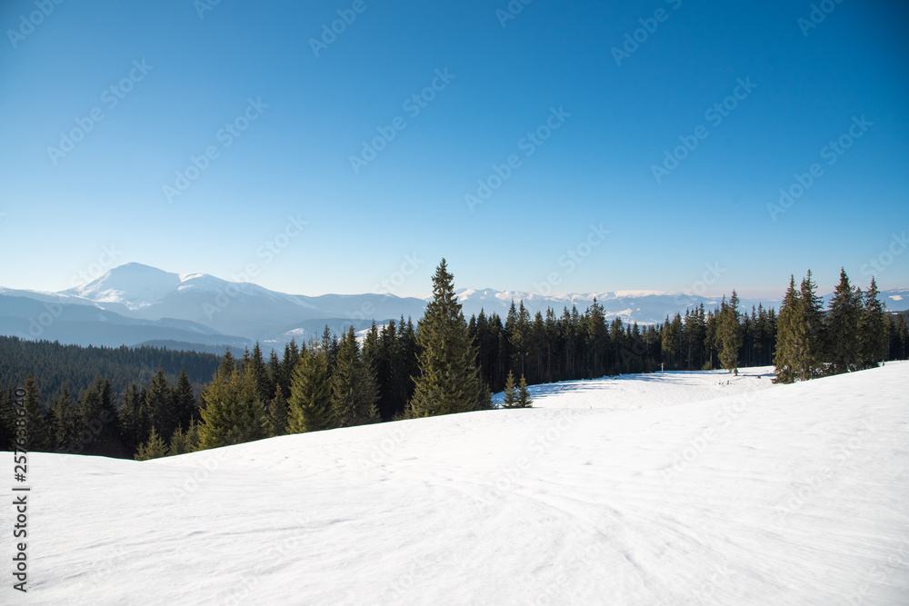 Beautiful winter panoramic view of snow capped mountains
