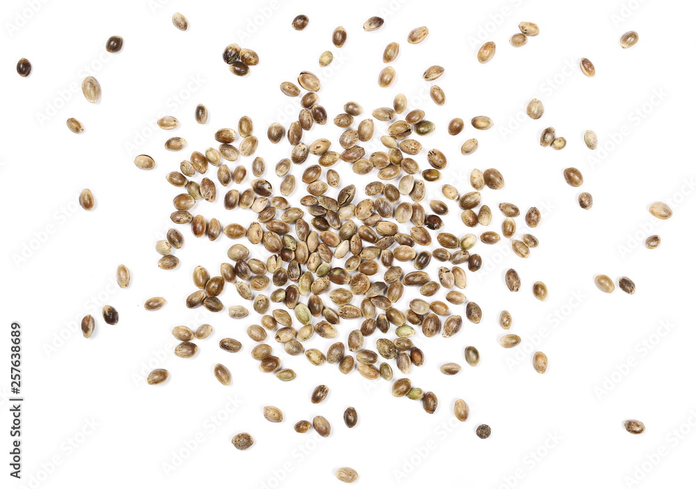 Hemp seeds isolated on white background, top view Hemp seeds isolated on white background, top view