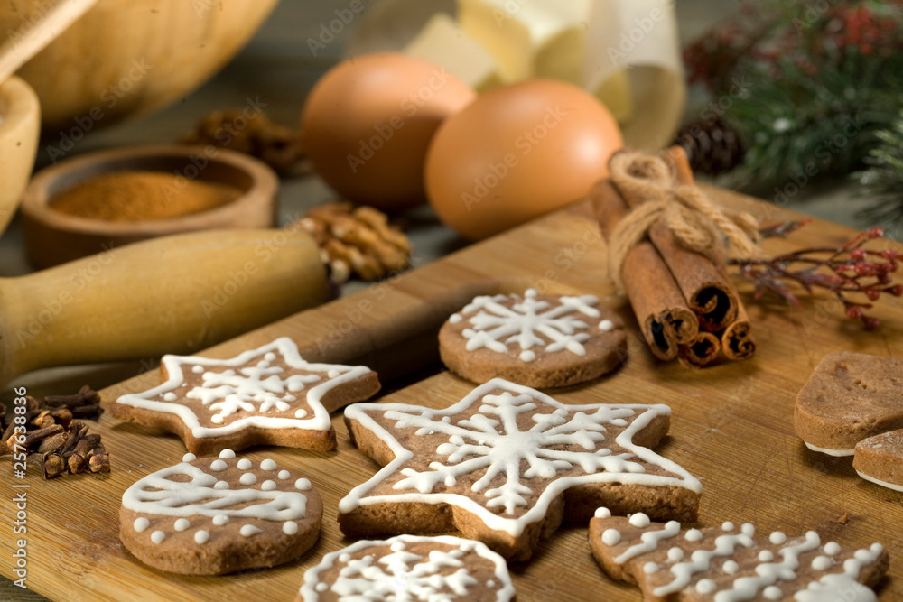 Time for Christmas baking. Recipe Christmas gingerbread. Culinary background. on the table laid out products for the preparation of cookies. Time for Christmas baking. Recipe Christmas gingerbread. Culinary background. on the table laid out products for the preparation of cookies.