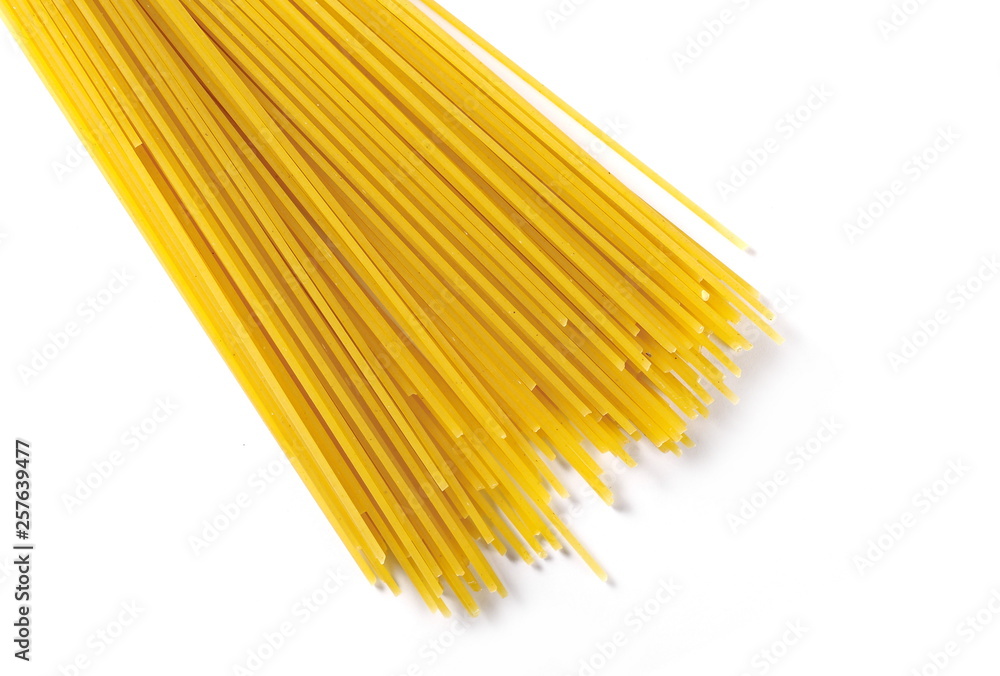 Spaghetti, yellow pasta isolated on white background, top view Spaghetti, yellow pasta isolated on white background, top view