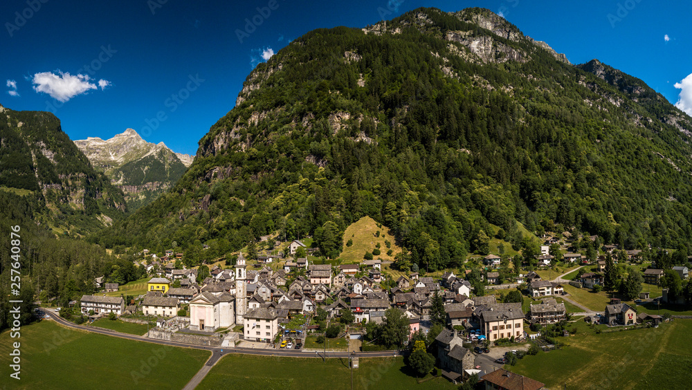The Village of Sonogno in Verzasca Valley near Locarno,Ticino Canton,Switzerland - aerial panorama image
