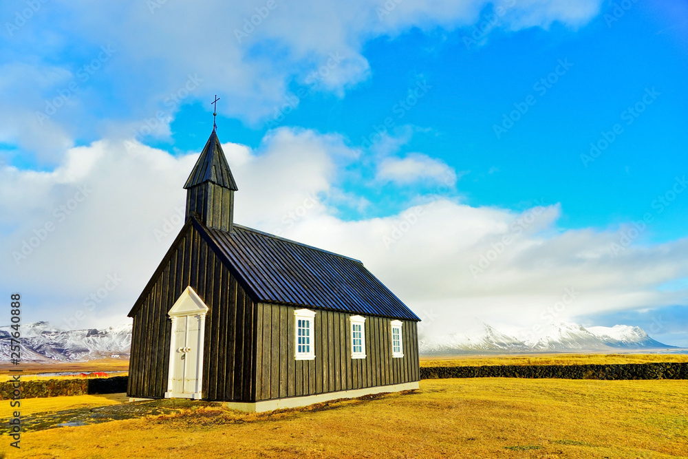 View of the Budir Church on Snaefellsnes Peninsula in western Iceland in winter.