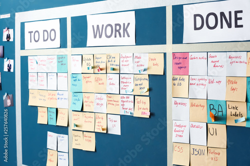 Scrum task board with stickers on wall in office photo