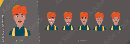 Indian man guy character set of emotions. Young cartoon character man in national closes for animation and motion design.  Set emotion faces in cartoon style - vector