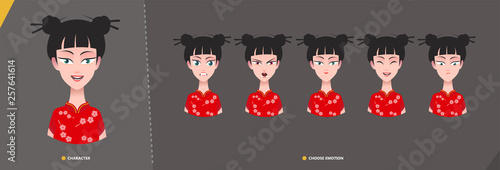 Chinese azian woman girl character set of emotions. Young cartoon  character man for animation and motion design.  Set emotion faces in cartoon style