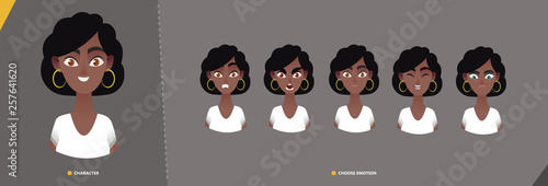  Afro american woman character set of emotions. Young cartoon  character man for animation and motion design.  Set emotion faces in cartoon style