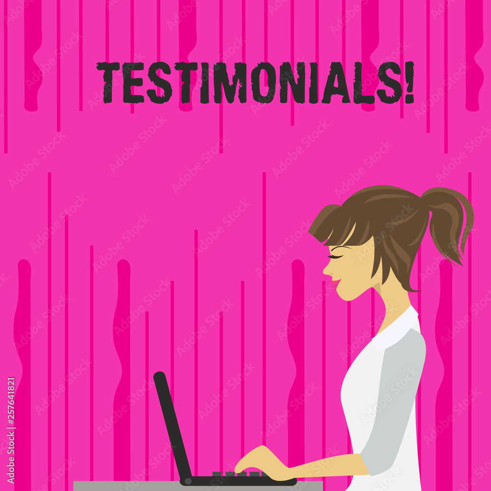 Text sign showing Testimonials. Business photo text Customers formal endorsement statement experience of someone photo of Young Busy Woman Sitting Side View and Working on her Laptop Text sign showing Testimonials. Business photo text Customers formal endorsement statement experience of someone photo of Young Busy Woman Sitting Side View and Working on her Laptop