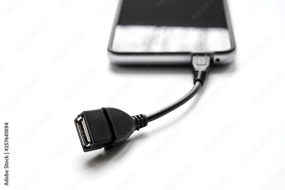 Adapter OTG USB - Micro USB connected to a smartphone on a white background. Adapter OTG USB - Micro USB connected to a smartphone on a white background.
