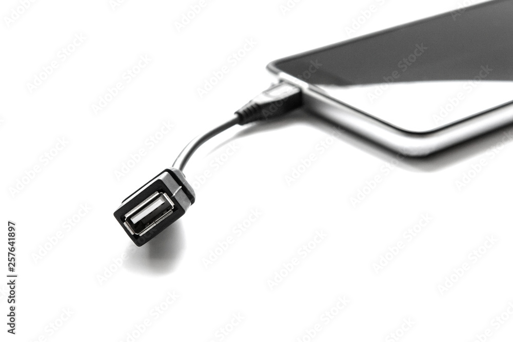 Adapter OTG USB - Micro USB connected to a smartphone on a white background. Adapter OTG USB - Micro USB connected to a smartphone on a white background.