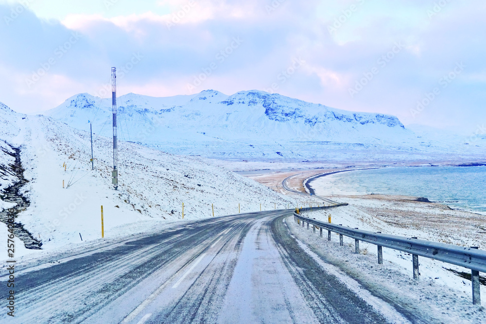 View of the icy road in winter in Iceland.