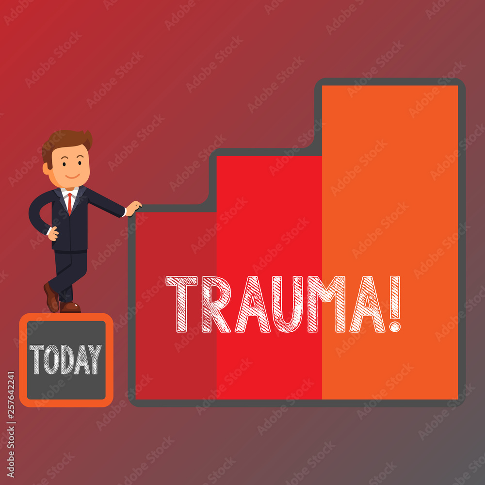 Conceptual hand writing showing Trauma. Concept meaning Disturbing physical and emotional injuries shock experience Businessman Presenting Growth and Success in Graph Columns Conceptual hand writing showing Trauma. Concept meaning Disturbing physical and emotional injuries shock experience Businessman Presenting Growth and Success in Graph Columns