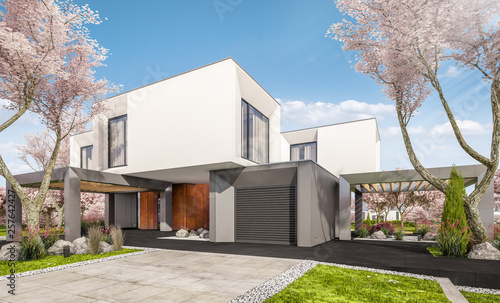 3d rendering of modern cozy house in the garden with garage. Fresh spring day with a blooming trees. For sale or rent with flowers of sakura on background. © korisbo