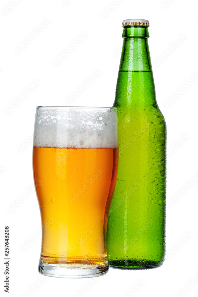 Fresh beer glass and bottle close up isolated on white background Fresh beer glass and bottle close up isolated on white background