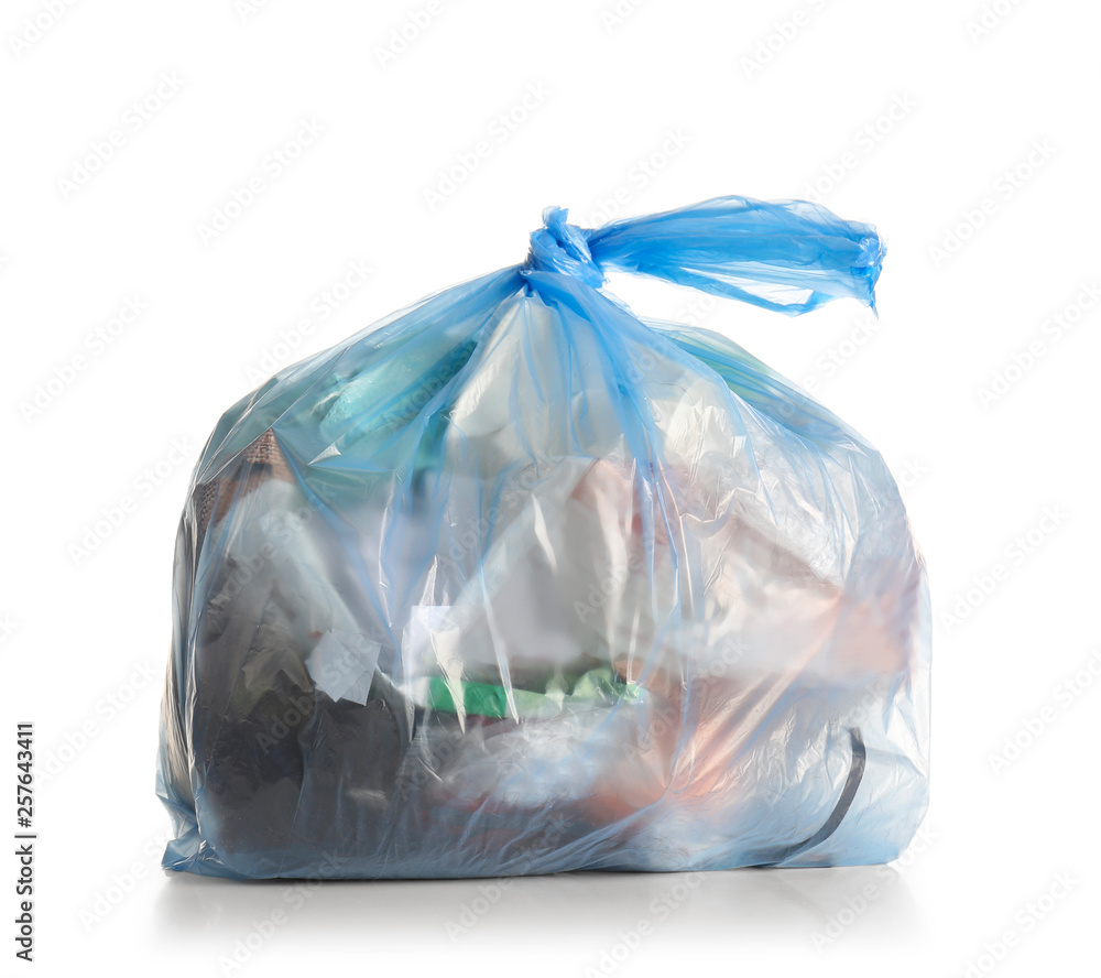 Polyethylene bag with garbage on white background Polyethylene bag with garbage on white background