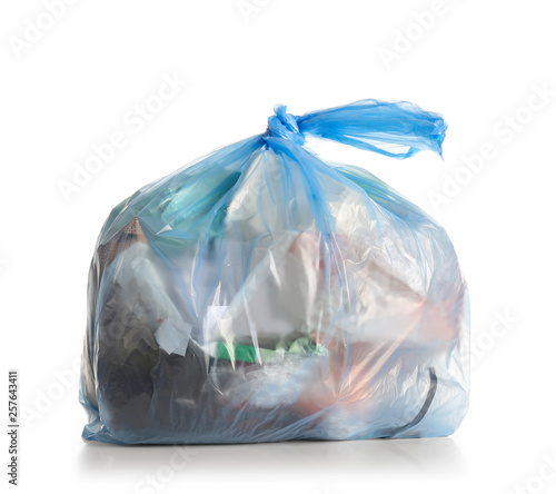 Polyethylene bag with garbage on white background