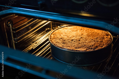 Homemade cake is prepared and baked in a special form for baking in an electric oven in the kitchen. View of the finished cake with the oven door open.