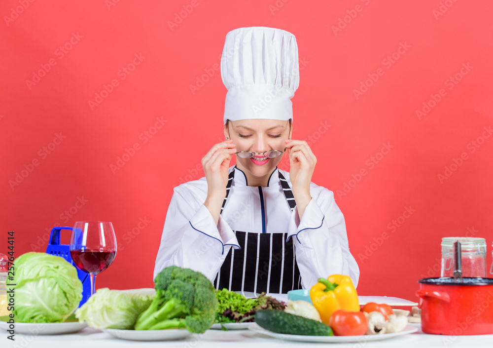 Culinary expert. Woman chef cooking healthy food. Fresh vegetables ingredients for cooking meal. Culinary school concept. Female in apron knows everything about culinary art. Culinary education Culinary expert. Woman chef cooking healthy food. Fresh vegetables ingredients for cooking meal. Culinary school concept. Female in apron knows everything about culinary art. Culinary education