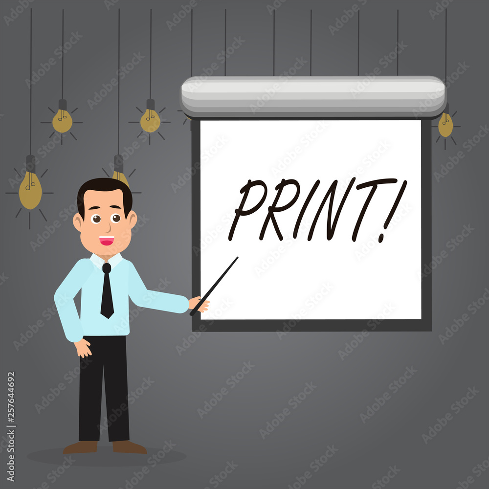 Word writing text Print. Business photo showcasing Produce letter numbers symbols on paper by machine using ink or toner Man in Necktie Talking Holding Stick Pointing to Blank White Screen on Wall Word writing text Print. Business photo showcasing Produce letter numbers symbols on paper by machine using ink or toner Man in Necktie Talking Holding Stick Pointing to Blank White Screen on Wall