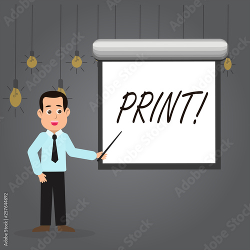 Word writing text Print. Business photo showcasing Produce letter numbers symbols on paper by machine using ink or toner Man in Necktie Talking Holding Stick Pointing to Blank White Screen on Wall