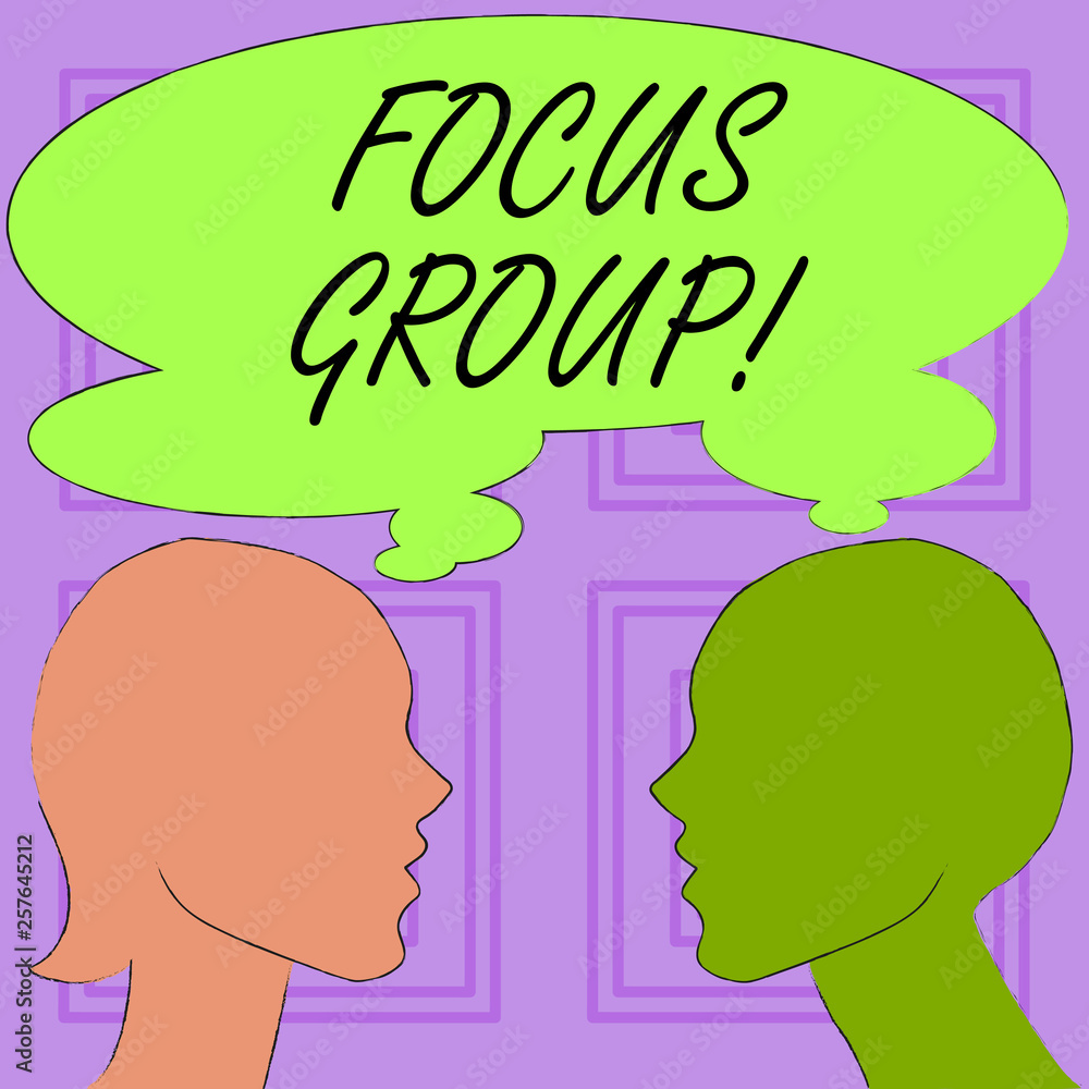 Conceptual hand writing showing Focus Group. Concept meaning showing assembled to participate in discussion about product Silhouette Sideview Profile of Man and Woman Thought Bubble