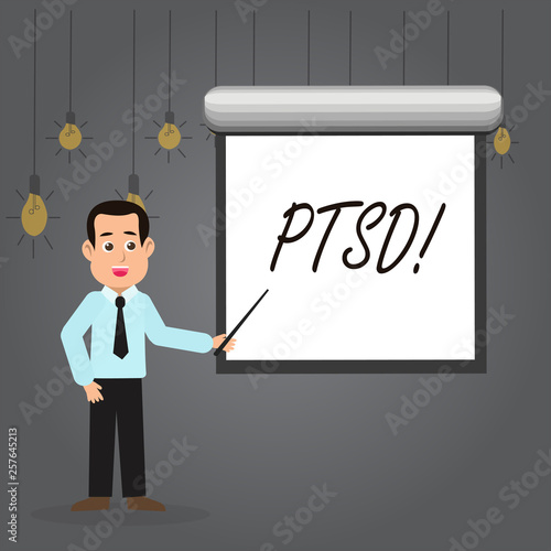 Word writing text Ptsd. Business photo showcasing Post Traumatic Stress Disorder Mental Illness Trauma Fear Depression Man in Necktie Talking Holding Stick Pointing to Blank White Screen on Wall © Artur
